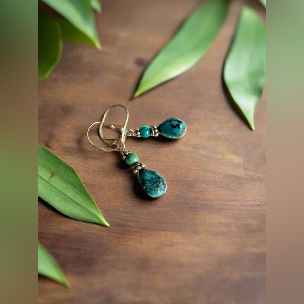 Handmade Genuine Turquoise and Sterling Silver Southwest Style Dangle Earrings